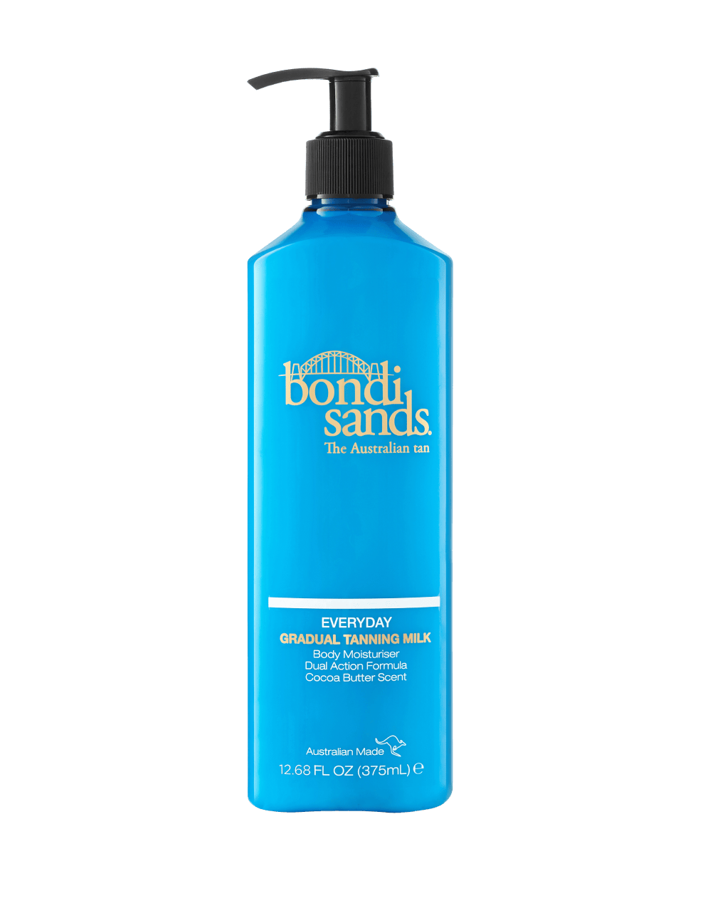 A blue bottle of BondiSandsEU Everyday Gradual Tanning Milk (12.68 fl oz/375 mL) with a black pump, hydrating formula and cocoa butter scent, perfect as a daily self tanner and body moisturizer for a natural glow.