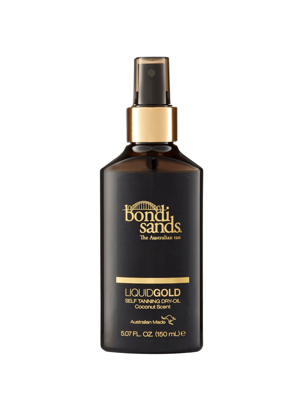 A dark bottle of BondiSandsEU Liquid Gold Self Tanning Oil with a spray nozzle and gold text offers a hydrating, coconut-scented self tan in 150 mL (5.07 fl. oz.), shown against a plain white background.
