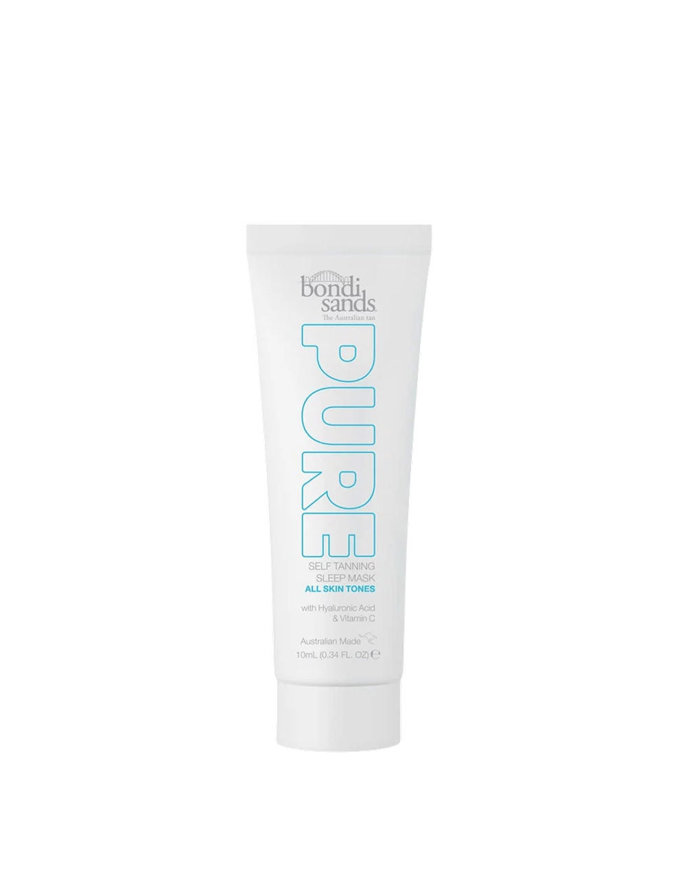A white tube of BondiSandsEU Pure Self Tanning Sleep Mask Sample with blue and silver text; this 2.53 fl. oz. formula is suitable for all skin tones and sensitive skin, enriched with hyaluronic acid and vitamin C for a nourishing glow.