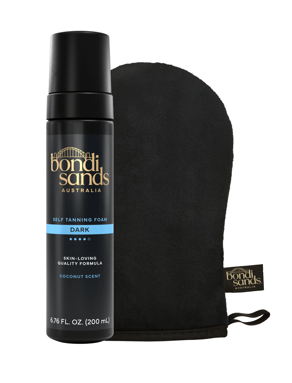 The BondiSandsEU Dark Self Tanning Foam & Application Mitt Bundle features a coconut-scented 200 mL (6.76 fl. oz.) bottle and mitt for an even, flawless tan.