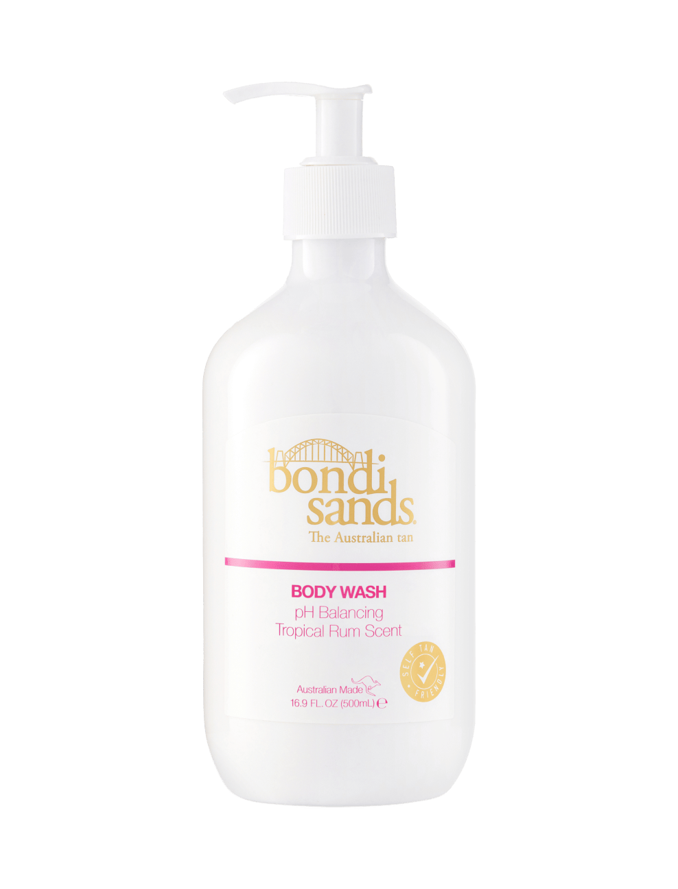 A white pump bottle of BondiSandsEU Tropical Rum Body Wash, self tan friendly and pH balancing, with a tropical rum scent. The label shows gold and pink text, the Bondi Sands logo, and reads “The Australian Tan.”.
