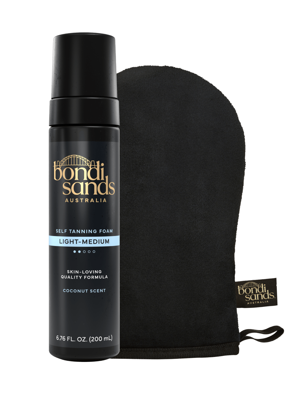 The BondiSandsEU Light/Medium Self Tanning Foam & Application Mitt Bundle is displayed on a plain white background, offering a flawless, natural glow.