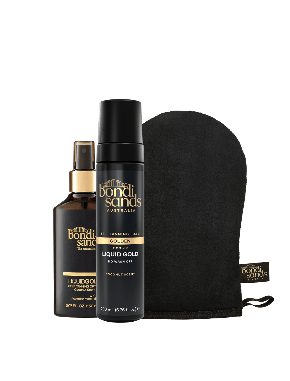 BondiSandsEU's Glow & Go Bundle features a brown spray bottle, black transfer-resistant foam, and a velvety mitt—everything you need for a flawless golden tan—beautifully displayed upright against a white background.
