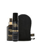 BondiSandsEU's Glow & Go Bundle features a brown spray bottle, black transfer-resistant foam, and a velvety mitt—everything you need for a flawless golden tan—beautifully displayed upright against a white background.