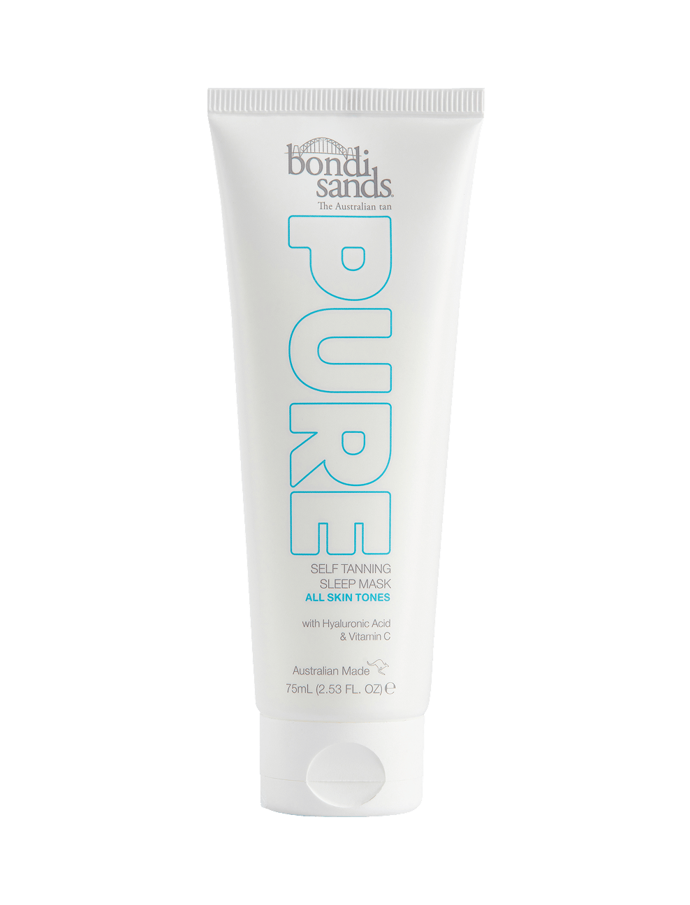 A 75 mL (2.53 fl. oz.) white tube of BondiSandsEU Pure Self Tanning Sleep Mask for all skin tones and sensitive skin, with blue text and enriched with hyaluronic acid and vitamin C.