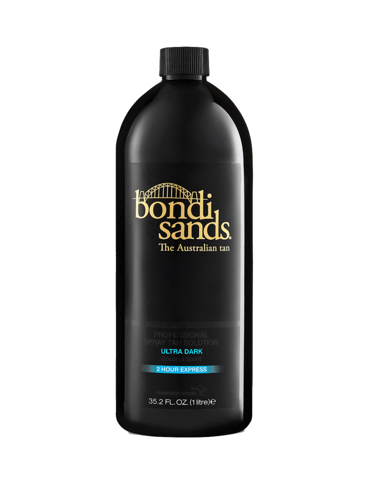 A 1L black bottle of BondiSandsEU Salon Solution Ultra Dark shows gold and white text, a blue label, and the Australian tan bridge logo.