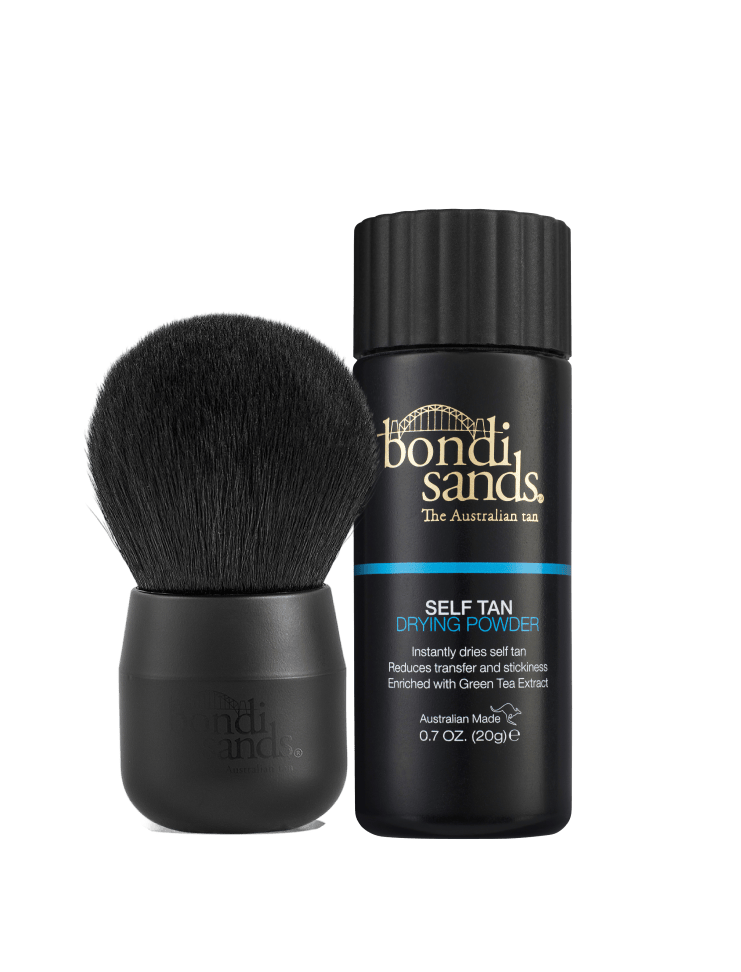The BondiSandsEU Self Tan Drying Powder & Brush Bundle, featuring a sleek bottle and soft-bristled black brush, is displayed on a plain white background—ideal for enhancing your tanning routine.