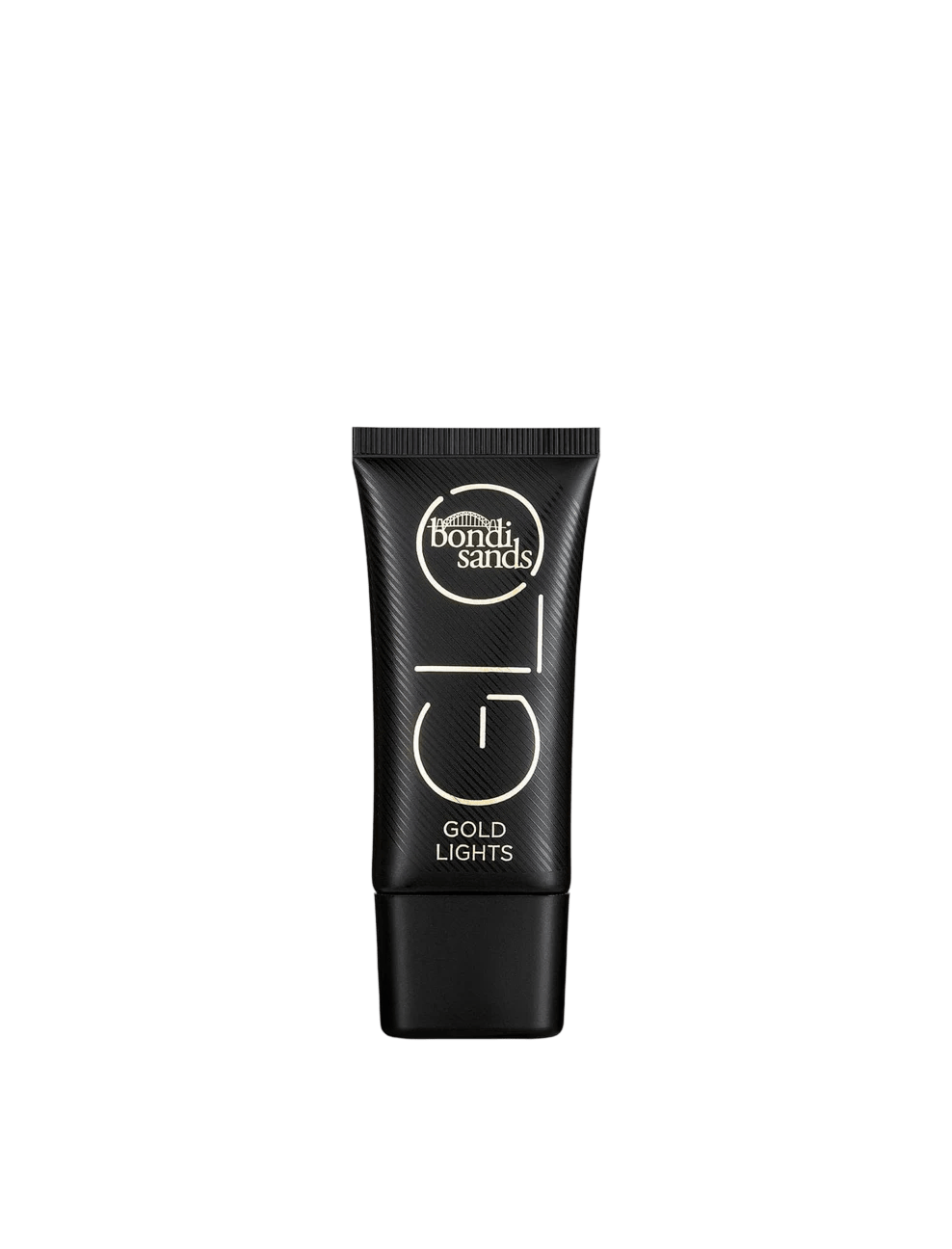 A black tube of BondiSandsEU Gold GLO Lights liquid highlighter with gold and white text is displayed against a white background—ideal for a luminous, radiant glow.