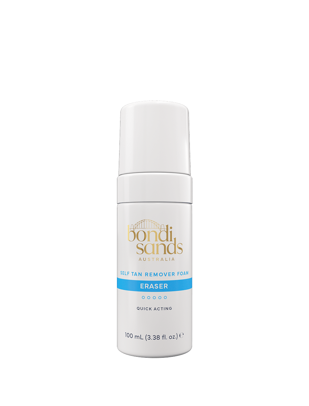 A white 100 mL bottle of BondiSandsEU Self Tan Remover Foam Eraser Mini with a gold and blue logo, clear cap, and text highlighting its quick-acting tan removal formula.
