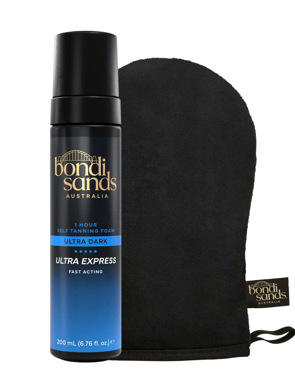 A black bottle from the Bondi Sands Europe Ultra Express Self Tanning Foam & Application Mitt Bundle stands beside a branded mitt, featuring a sleek black and gold label with blue accents for a flawless, same day tan.
