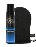 A black bottle from the Bondi Sands Europe Ultra Express Self Tanning Foam & Application Mitt Bundle stands beside a branded mitt, featuring a sleek black and gold label with blue accents for a flawless, same day tan.