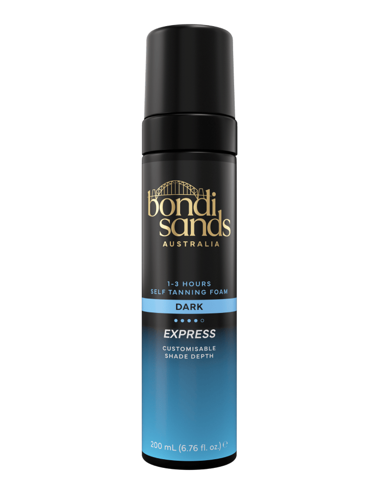 A 200 mL BondiSandsEU Express Self Tanning Foam with a black pump and blue-to-black gradient label is perfect for achieving a customisable tan.
