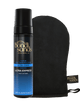 A black bottle from the Bondi Sands Europe Ultra Express Self Tanning Foam & Application Mitt Bundle stands beside a branded mitt, featuring a sleek black and gold label with blue accents for a flawless, same day tan.