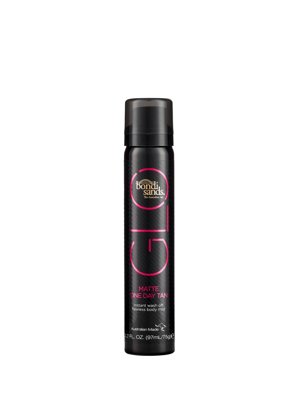 A black bottle of BondiSandsEU GLO Matte One Day Tan Mist with pink and white text and a black cap stands upright on a plain white background, ideal for an instant glow with its easy spray-on application.