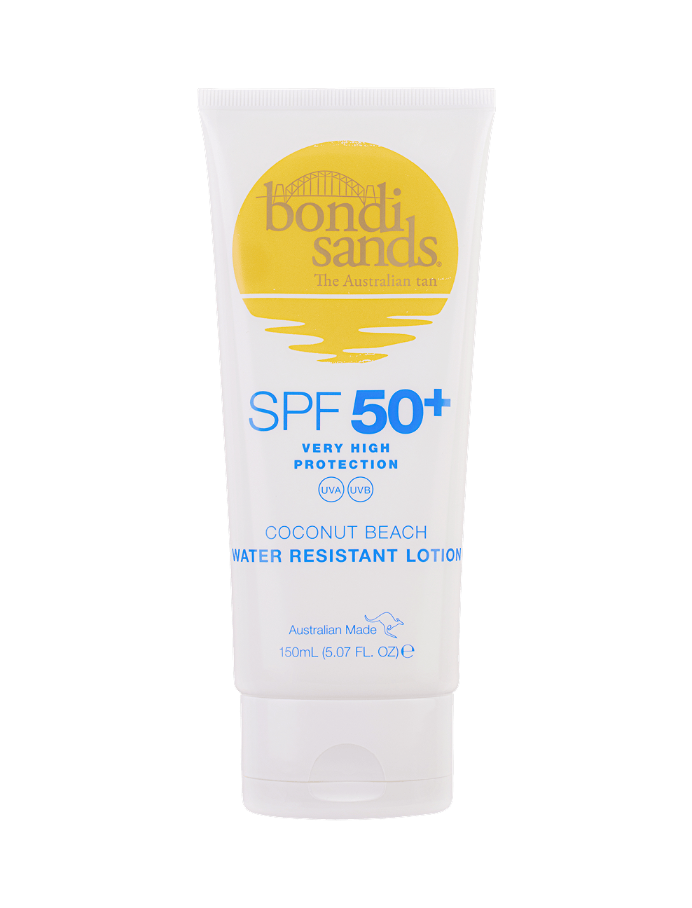 BondiSandsEU SPF 50+ Body Sunscreen Lotion, Coconut Beach Scent, 150ml tube offers very high broad spectrum and water-resistant protection, with a yellow sun graphic and blue text on a white background.