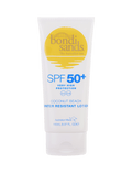 BondiSandsEU SPF 50+ Body Sunscreen Lotion, Coconut Beach Scent, 150ml tube offers very high broad spectrum and water-resistant protection, with a yellow sun graphic and blue text on a white background.