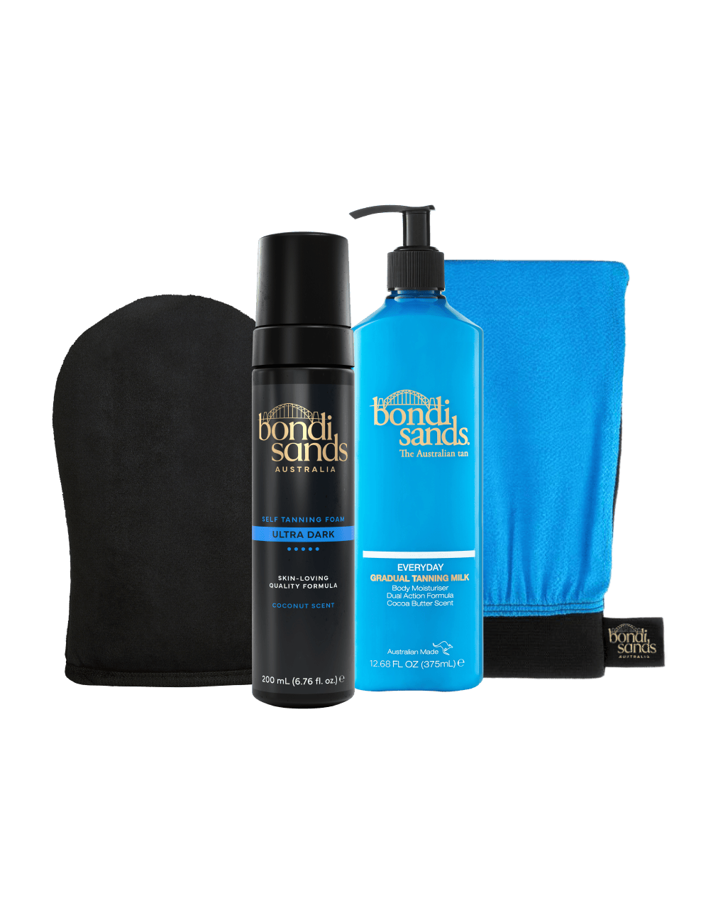 The BondiSandsEU Ultra Dark Self Tanning Routine Bundle includes a black bottle of self tanning foam, blue bottle of gradual tanner, application mitt, and blue cloth displayed on a white background.