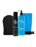 The BondiSandsEU Ultra Dark Self Tanning Routine Bundle includes a black bottle of self tanning foam, blue bottle of gradual tanner, application mitt, and blue cloth displayed on a white background.