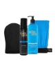 The BondiSandsEU Ultra Dark Self Tanning Routine Bundle includes a black bottle of self tanning foam, blue bottle of gradual tanner, application mitt, and blue cloth displayed on a white background.