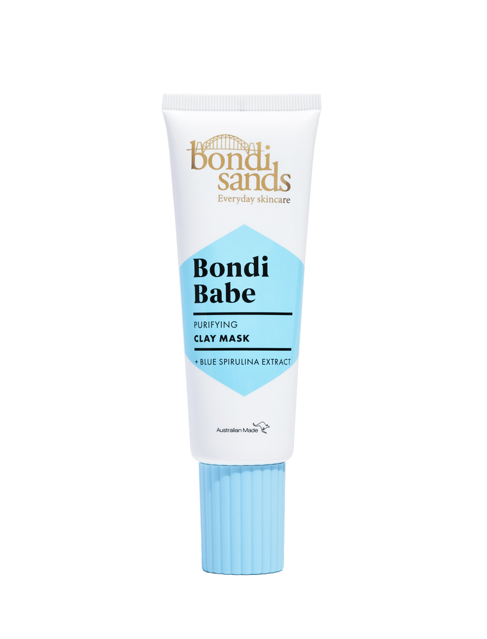 A white tube with a blue cap labeled BondiSandsEU Bondi Babe Clay Mask. Features gold and black text, a blue section near the base, and purifies skin with blue spirulina for a radiant glow.