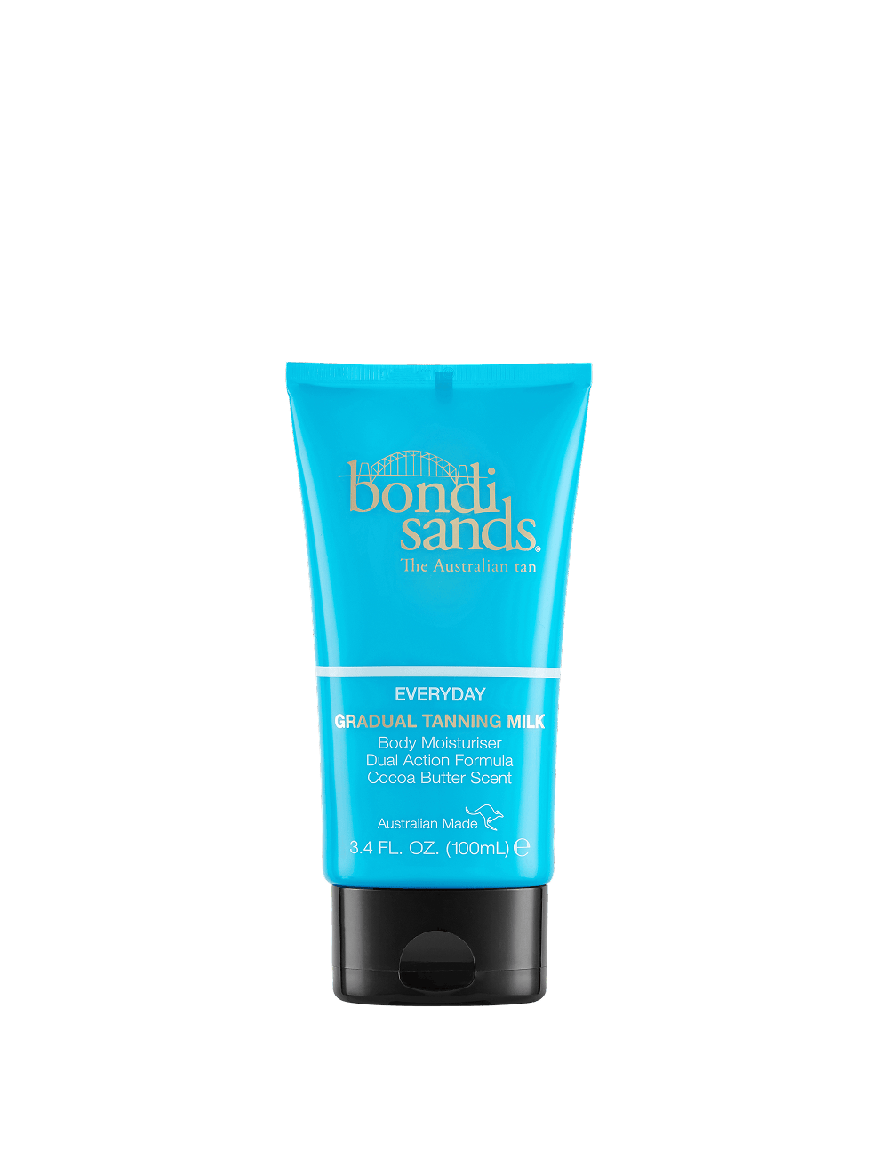 A 3.4 fl oz (100ml) blue tube of BondiSandsEU Gradual Self Tanning Milk Mini, a hydrating body moisturizer with dual action formula and cocoa butter scent.