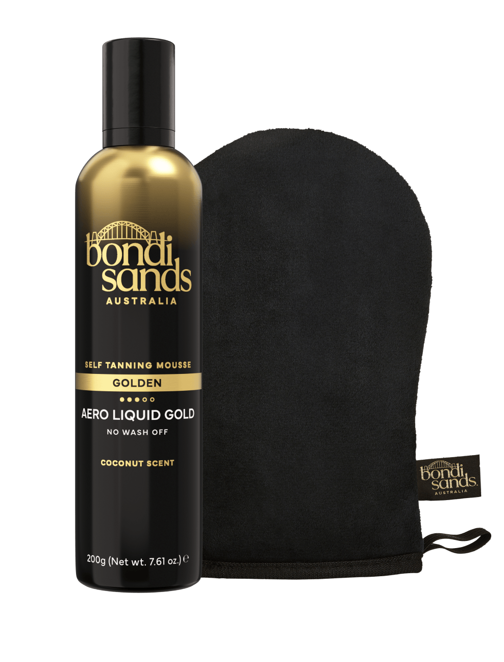 The BondiSandsEU Liquid Gold Aero Self Tanning Mousse & Application Mitt Bundle features black and gold packaging and a labeled mitt, promising a streak-free tan, displayed against a white background.
