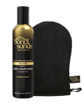 The BondiSandsEU Liquid Gold Aero Self Tanning Mousse & Application Mitt Bundle features black and gold packaging and a labeled mitt, promising a streak-free tan, displayed against a white background.