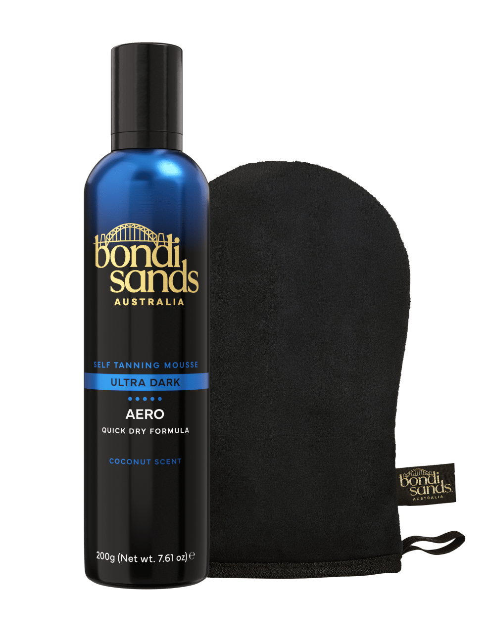 A blue and black BondiSandsEU Ultra Dark Aero Self Tanning Mousse bottle stands beside a black Application Mitt on a white background, featuring gold, white, and blue text for this luxurious bundle.
