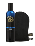A blue and black BondiSandsEU Ultra Dark Aero Self Tanning Mousse bottle stands beside a black Application Mitt on a white background, featuring gold, white, and blue text for this luxurious bundle.