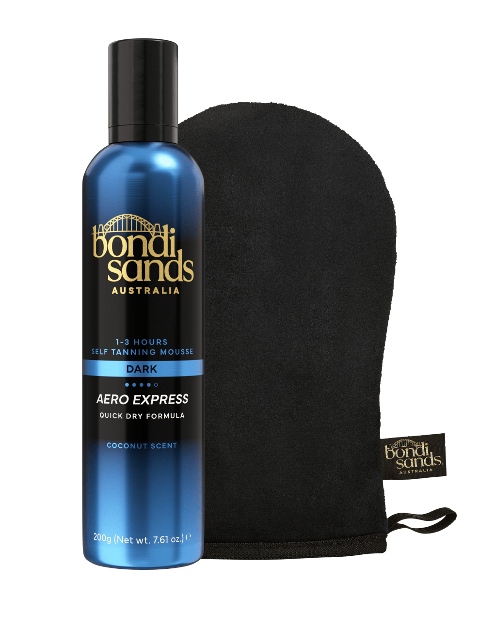 A BondiSandsEU Aero Express Self Tanning Mousse & Application Mitt Bundle is pictured on a white background, featuring the mousse bottle and black mitt—perfect for achieving your ideal tan.