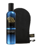 A BondiSandsEU Aero Express Self Tanning Mousse & Application Mitt Bundle is pictured on a white background, featuring the mousse bottle and black mitt—perfect for achieving your ideal tan.