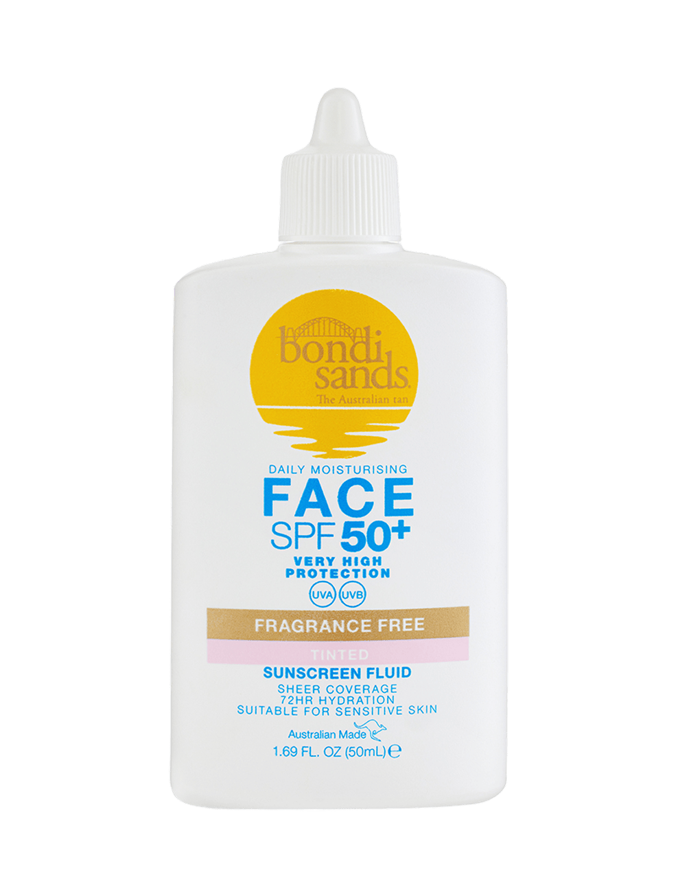 A white bottle of BondiSandsEU Face SPF 50+ Tinted Everyday Sunscreen Fluid with a pointed cap. This fragrance-free sunscreen provides very high protection, making it perfect for daily use.