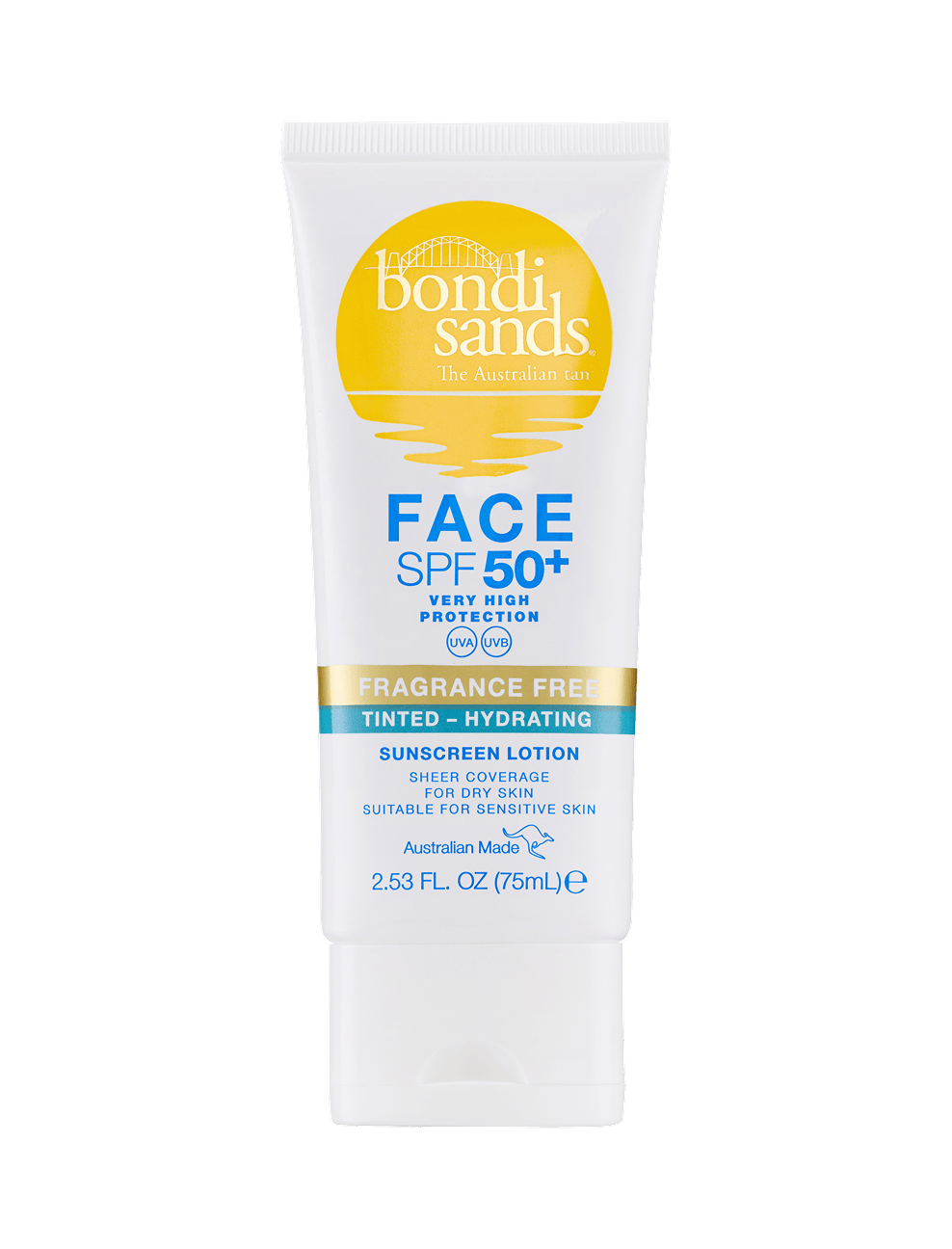 A white tube of BondiSandsEU SPF 50+ Everyday Hydrating Tinted Face Lotion, fragrance free and gentle for sensitive skin, offers very high protection and nourishing daily face care in a 2.53 fl oz (75mL) size.