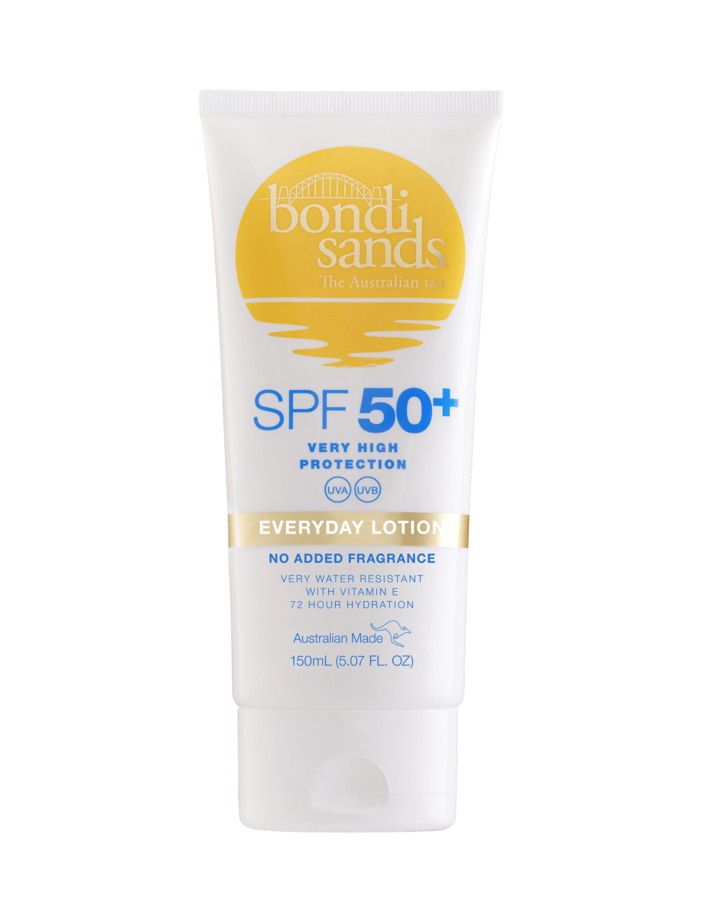A 150ml tube of BondiSandsEU SPF 50+ Everyday Body Sunscreen Lotion features yellow and blue text, offers very high protection, no added fragrance, 72-hour hydration, and a yellow sun graphic on its white packaging.