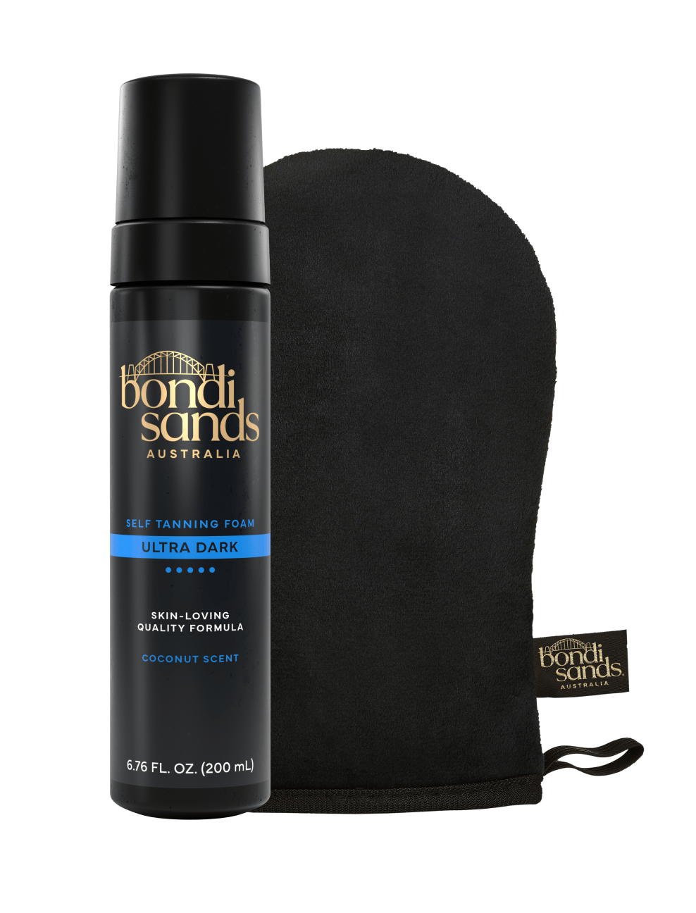 The BondiSandsEU Ultra Dark Self Tanning Foam & Application Mitt Bundle includes a coconut-scented 200mL foam in a sleek black bottle with gold and blue accents, shown beside the branded mitt featuring the Bondi Sands logo tag.