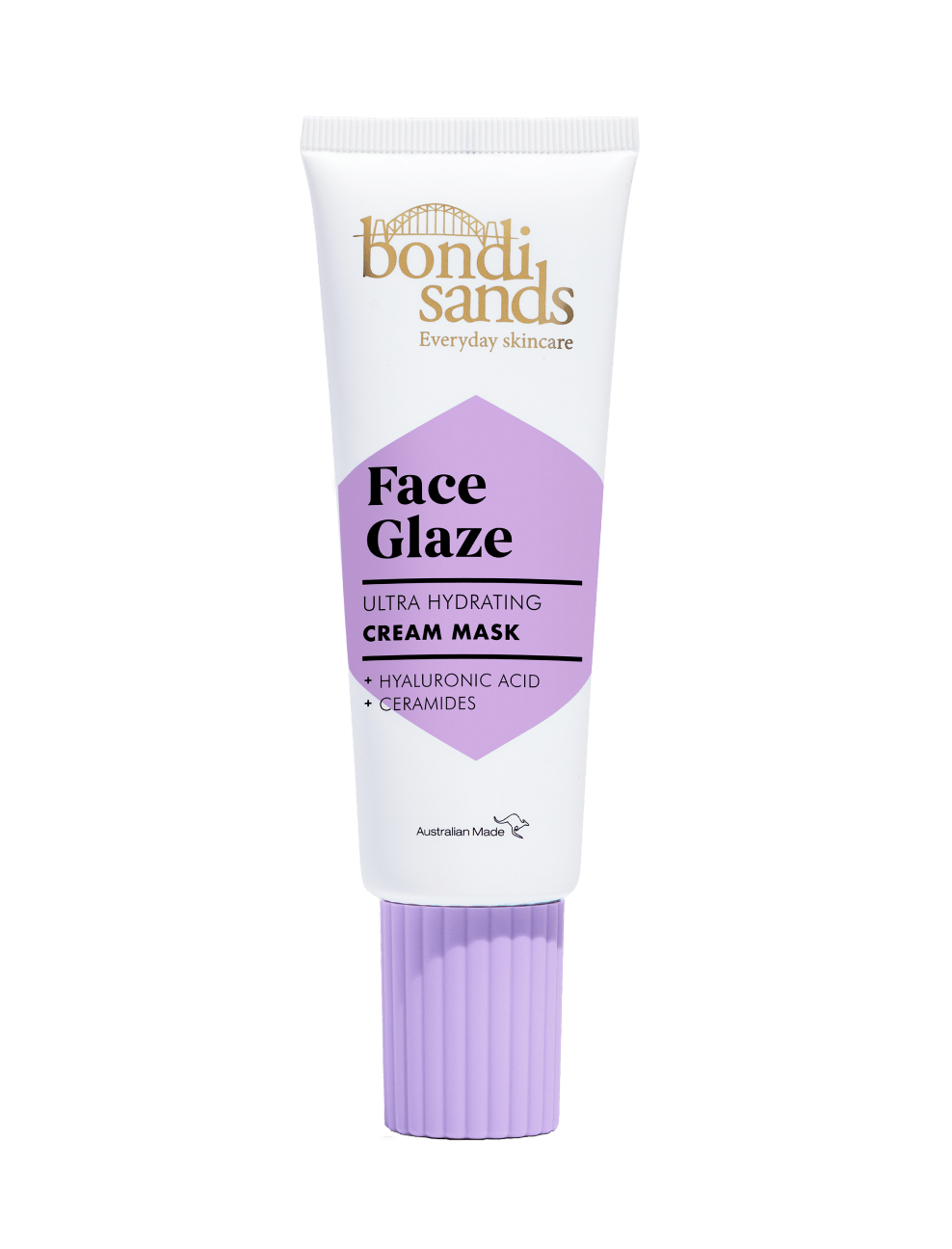 A white and purple tube of BondiSandsEU Face Glaze Cream Mask with hyaluronic acid and ceramides stands upright on a white background.
