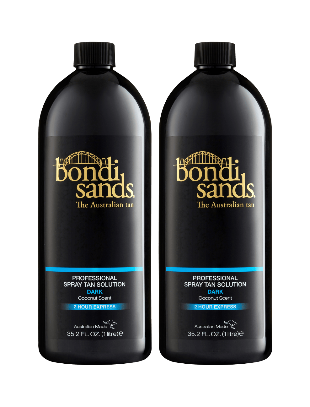 Two large black 1L bottles of BondiSandsEU Ultra Dark Salon Solution, labeled “Dark” with coconut scent, gold and blue accents, and the signature logo. Each tanning bottle contains 35.2 fl. oz.
