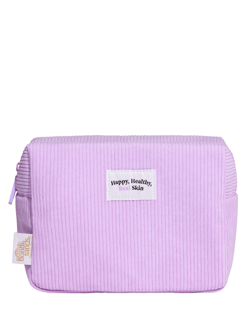 The Everyday Skincare Cosmetic Bag by BondiSandsEU is a lavender ribbed bag with a zipper, a white "Happy, Healthy, Real Skin" label, and a small "good habits studio" fabric tag—stylish and perfect for travel.