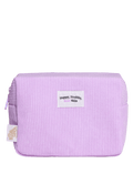 The Everyday Skincare Cosmetic Bag by BondiSandsEU is a lavender ribbed bag with a zipper, a white "Happy, Healthy, Real Skin" label, and a small "good habits studio" fabric tag—stylish and perfect for travel.