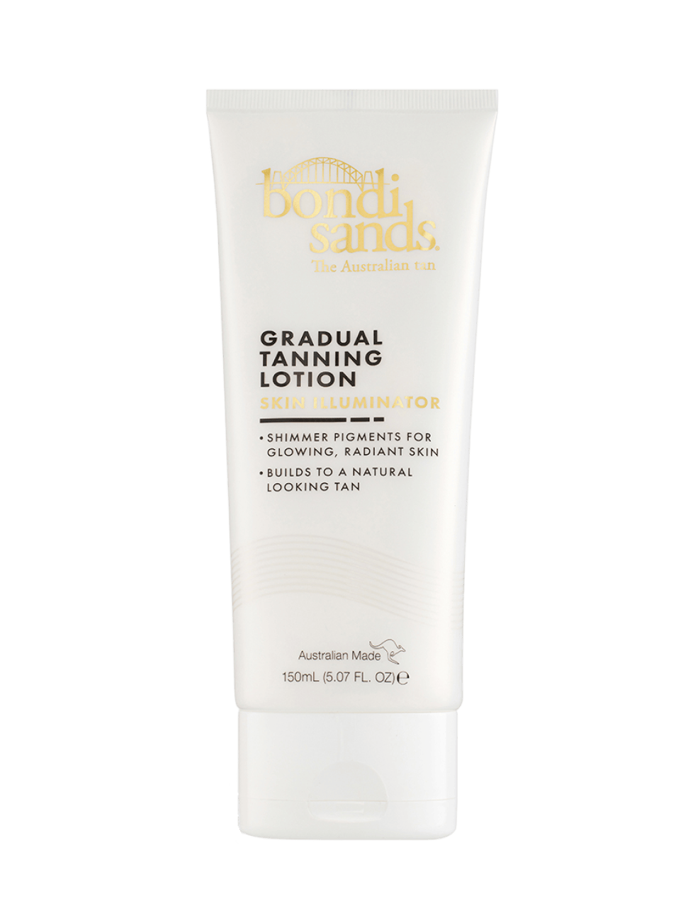 A white tube of BondiSandsEU Skin Illuminator Gradual Tanning Lotion, featuring gold and black text, stands upright. The packaging highlights glowing skin, shimmer pigments, and a natural-looking tan.