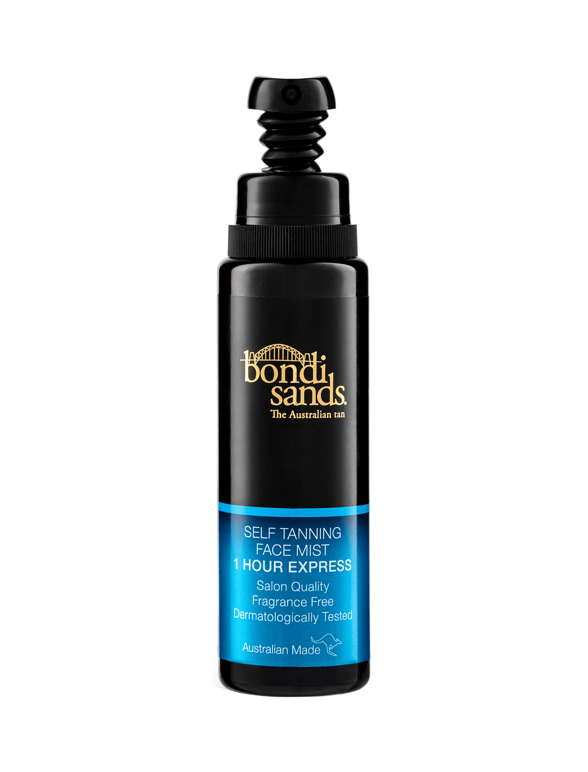 A black bottle of BondiSandsEU 1 Hour Express Self Tanning Face Mist with pump dispenser and blue label gives an effortless Australian glow in just one hour.
