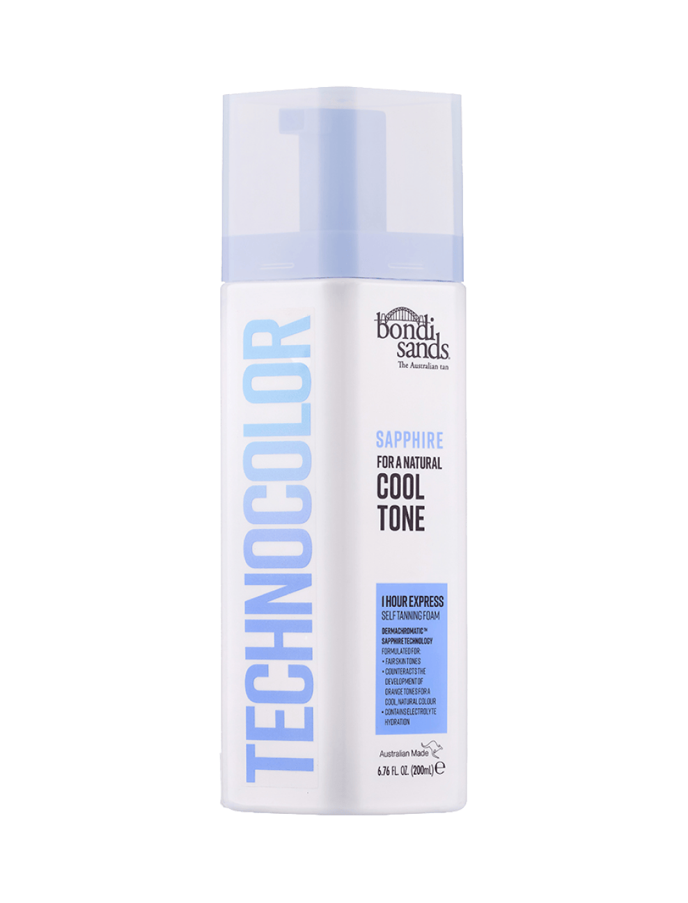 A bottle of BondiSandsEU Sapphire Technocolor 1 Hour Express Self Tanning Foam provides a natural cool-toned glow, featuring blue and black text on white with a light blue pump.