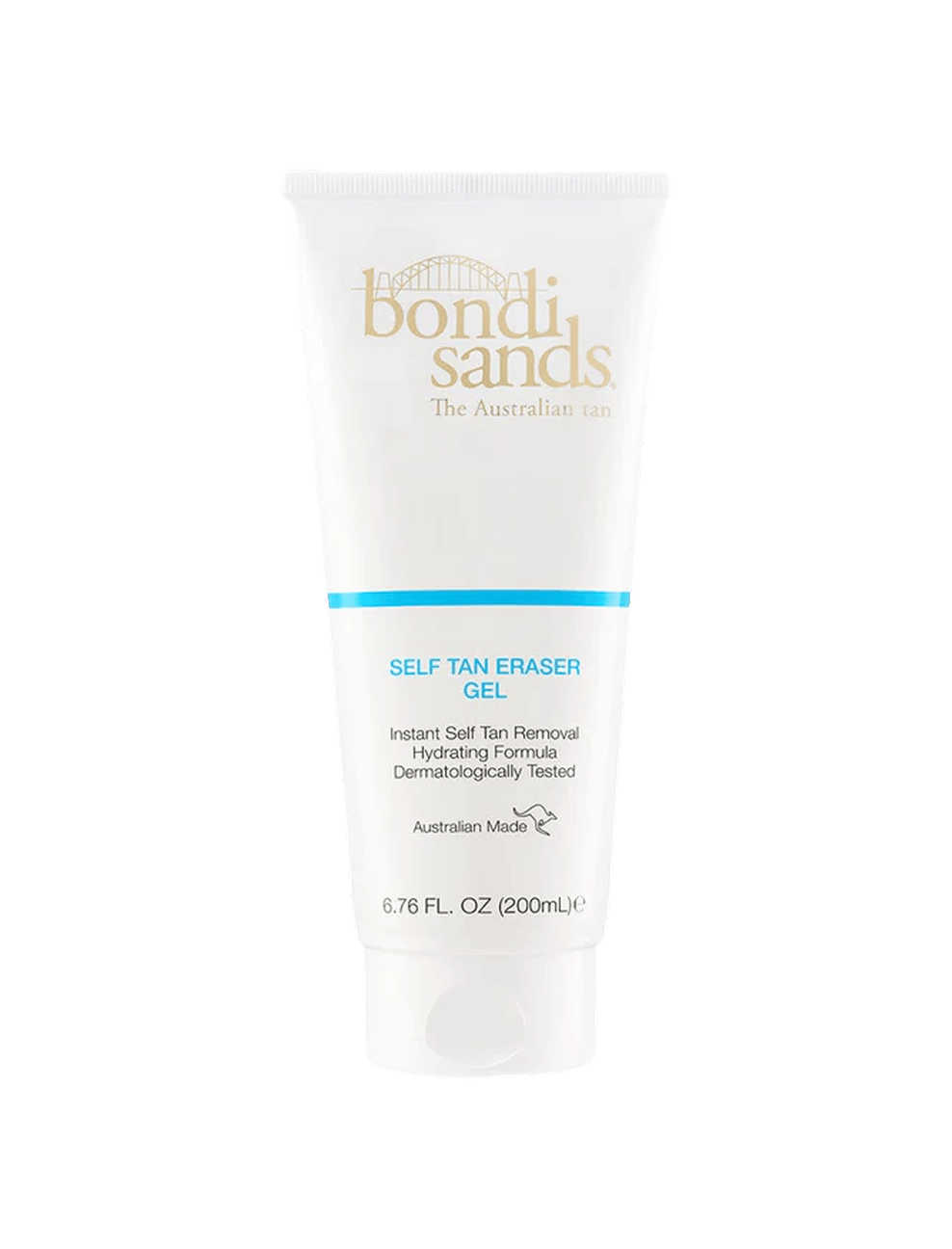 A white tube of BondiSandsEU Self Tan Remover Gel Eraser with gold and blue text, containing 200 mL (6.76 FL. OZ) of exfoliating gel designed to gently erase self tan.