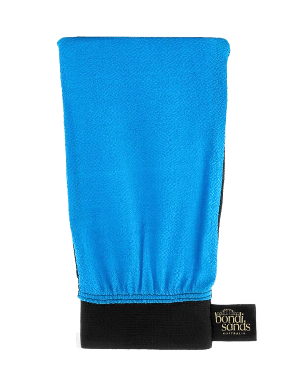 The BondiSandsEU Exfoliation Mitt features blue and black fabric with a small black tag displaying the brand's white logo, ideal for achieving a streak-free glow.
