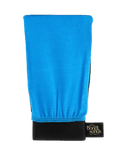 The BondiSandsEU Exfoliation Mitt features blue and black fabric with a small black tag displaying the brand's white logo, ideal for achieving a streak-free glow.