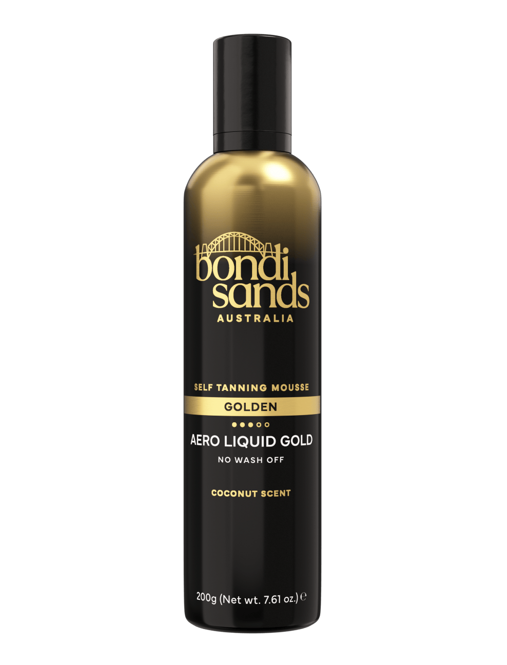BondiSandsEU Liquid Gold Aero Self Tanning Mousse comes in a black and gold 200g (7.61 oz) bottle, features a coconut scent, requires no wash off, and delivers a luxurious self-tanning experience.