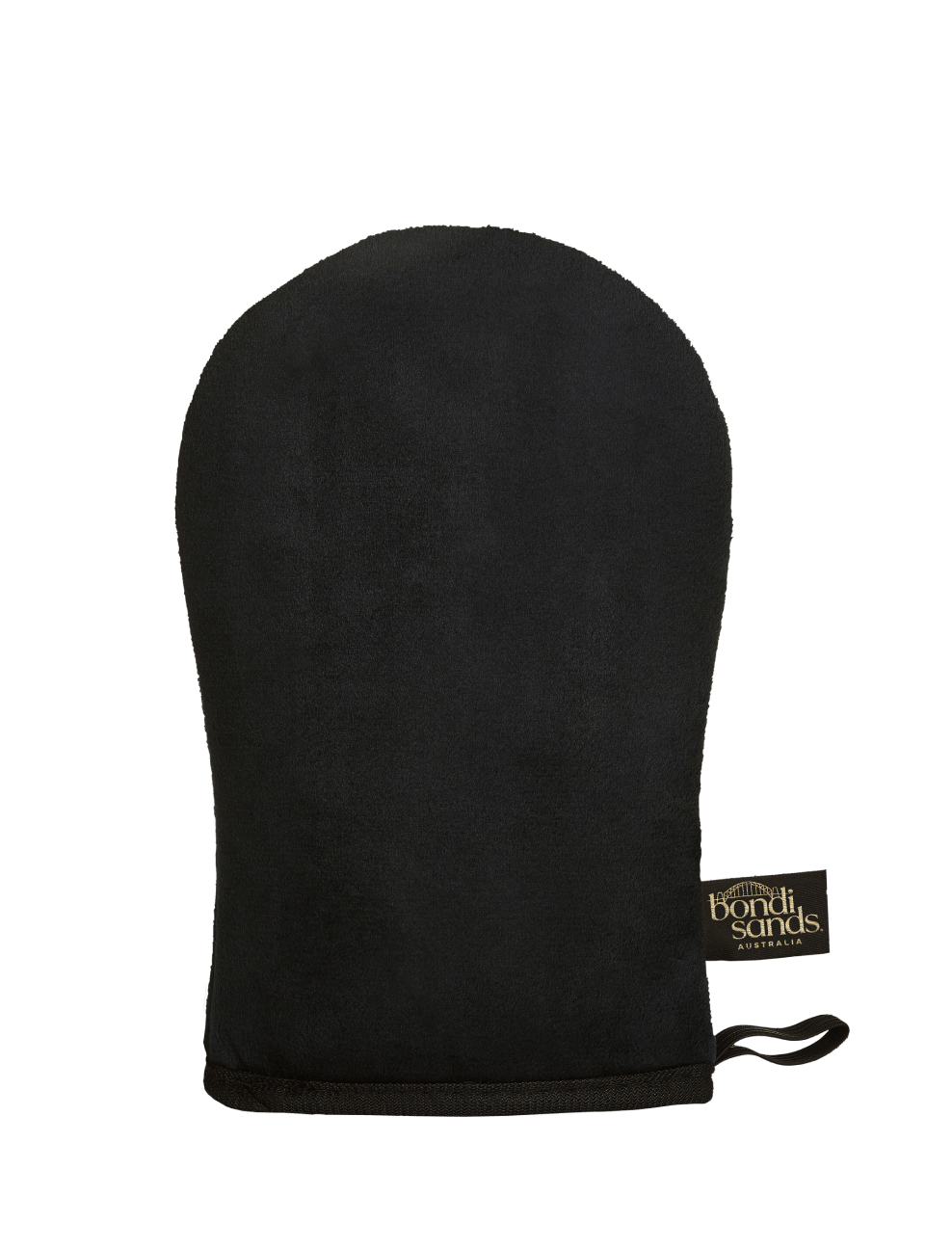 The BondiSandsEU Application Mitt is a black, oval tanning mitt with a thumb-less design and a small label. It appears soft and helps deliver a streak-free, stain-free tan. Shown against a plain white background.