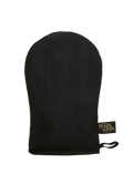 The BondiSandsEU Application Mitt is a black, oval tanning mitt with a thumb-less design and a small label. It appears soft and helps deliver a streak-free, stain-free tan. Shown against a plain white background.