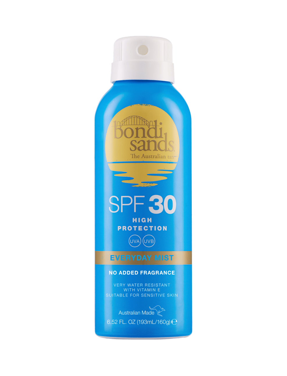 BondiSandsEU SPF 30 Everyday Sunscreen Aerosol Mist provides hydrating UVA/UVB protection for sensitive skin, with no added fragrance, in a blue spray can featuring a white cap and gold accents.