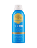 BondiSandsEU SPF 30 Everyday Sunscreen Aerosol Mist provides hydrating UVA/UVB protection for sensitive skin, with no added fragrance, in a blue spray can featuring a white cap and gold accents.
